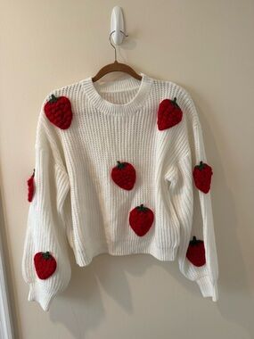 White Knit Sweater with Red Strawberry Appliqués